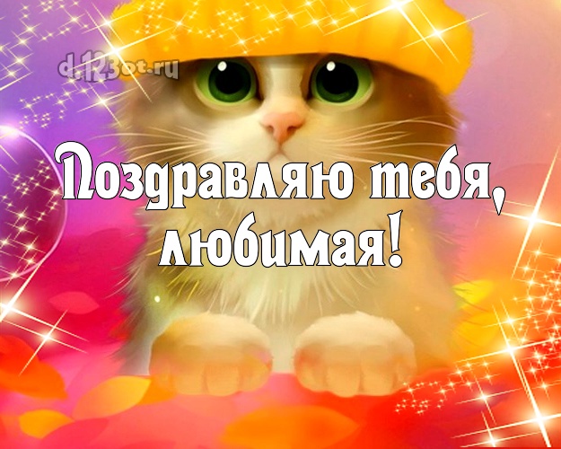 Поздравляю Тебя, любимая! Дорогой женщине! Открытка! Рисованный котик в желтой шапочке и зелеными глазами! Картинка! Милой женщине на день рождения! Поздравляю Тебя, любимая! Скачать онлайн бесплатно для вацап!