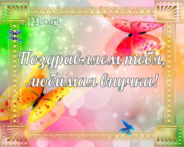 Поздравляем Тебя, любимая внучка! Внучке на день рождения! Яркие бабочки на цветном фоне! Открытка, картинка! Моей внучке! Поздравляем Тебя, любимая внучка! Скачать онлайн бесплатно для вацап!
