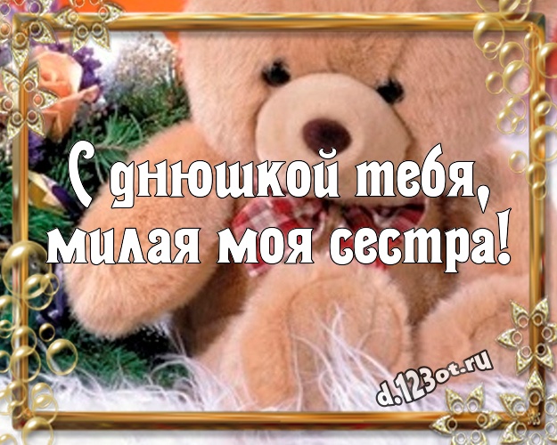 С днюшкой Тебя, милая моя сестра! Ангельская открытка любимой сестре с медведем для ватсапа, для telegram, для вк, для фейсбук, для одноклассников! Скачать онлайн бесплатно для вацап!
