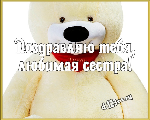 Поздравляю Тебя, любимая сестра! Веселая картинка для любимой сестры с плюшевым мишкой для whatsApp, для телеграм, для вконтакте, для фейсбук, для одноклассников! Скачать онлайн бесплатно для вацап!