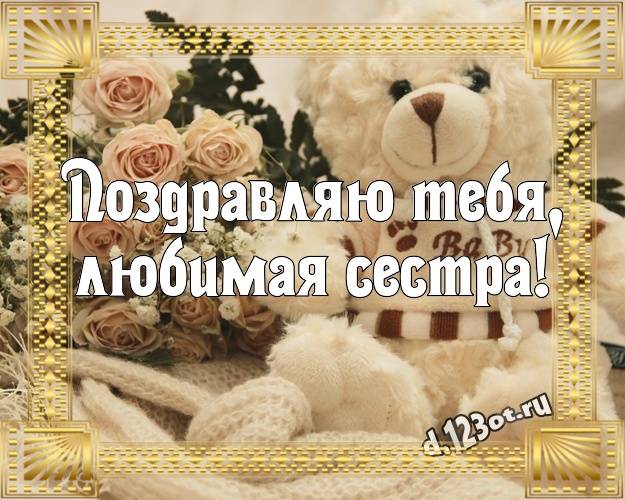 Поздравляю Тебя, любимая сестра! Пушистая картинка моей сестренке с медведем для whatsApp, для telegram, для вконтакте, для фейсбука, для одноклассников! Скачать онлайн бесплатно для вацап!