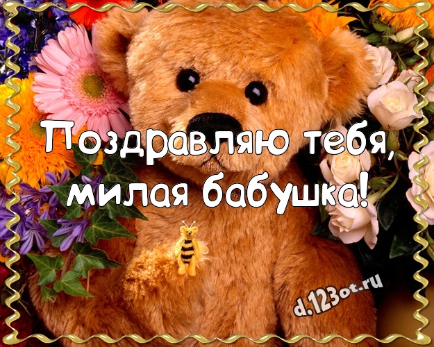 Поздравляю Тебя, милая бабушка! Пушистая картинка любимой бабушке с плюшевой игрушкой медведя для whatsApp, для телеграм, для вк, для facebook, для одноклассники! Скачать онлайн бесплатно для вацап!