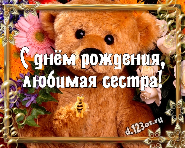 С днём рождения, любимая сестра! Веселая открытка для моей сестры с медвежонком для ватсапа, для telegram, для вк, для facebook, для одноклассников! Скачать онлайн бесплатно для вацап!
