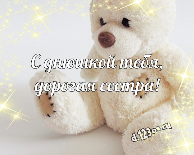 С днюшкой Тебя, дорогая сестра! Пушистая открытка моей сестренке с мишкой для whatsApp, для telegram, для вконтакте, для фейсбук, для одноклассников! Скачать онлайн бесплатно для вацап!