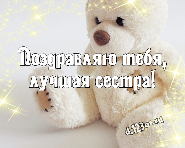 Поздравляю Тебя, лучшая сестра! Милая открытка моей сестренке с плюшевой игрушкой медведя для ватсапа, для telegram, для вк, для фейсбука, для одноклассников! Скачать онлайн бесплатно для вацап!