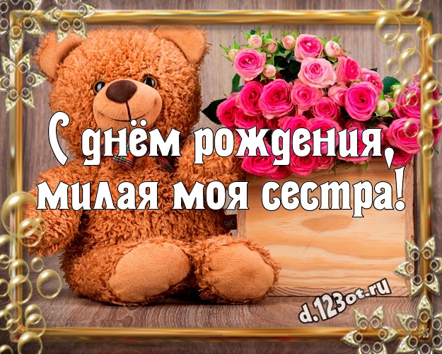 С днём рождения, милая моя сестра! Пушистая открытка лучшей сестренке с мишкой для ватсапа, для telegram, для вконтакте, для фейсбука, для одноклассников! Скачать онлайн бесплатно для вацап!