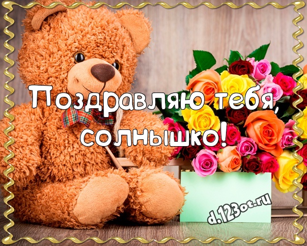 Поздравляю Тебя, солнышко! Пушистая картинка для любимой девушки с медвежонком для whatsApp, для телеграм, для вк, для facebook, для одноклассники! Скачать онлайн бесплатно для вацап!