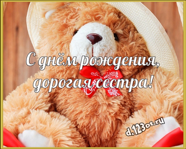 С днём рождения, дорогая сестра! Няшная открытка лучшей сестренке с плюшевой игрушкой медведя для ватсапа, для telegram, для вк, для facebook, для одноклассников! Скачать онлайн бесплатно для вацап!