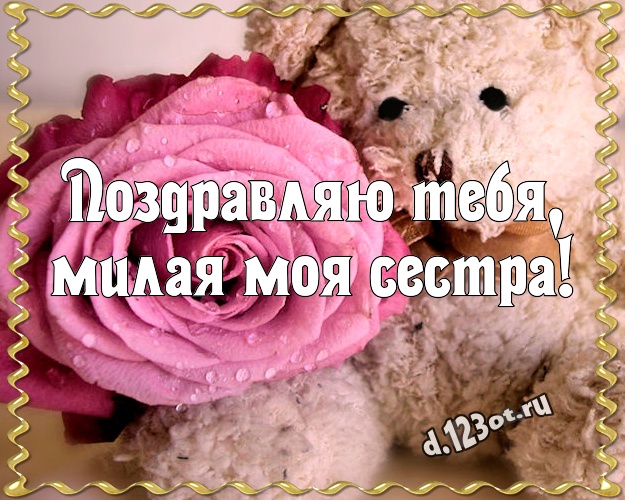 Поздравляю Тебя, милая моя сестра! Пушистая открытка для моей сестры с классным плюшевым медвежонком для вацап, для телеграм, для вконтакте, для фейсбук, для одноклассники! Скачать онлайн бесплатно для вацап!