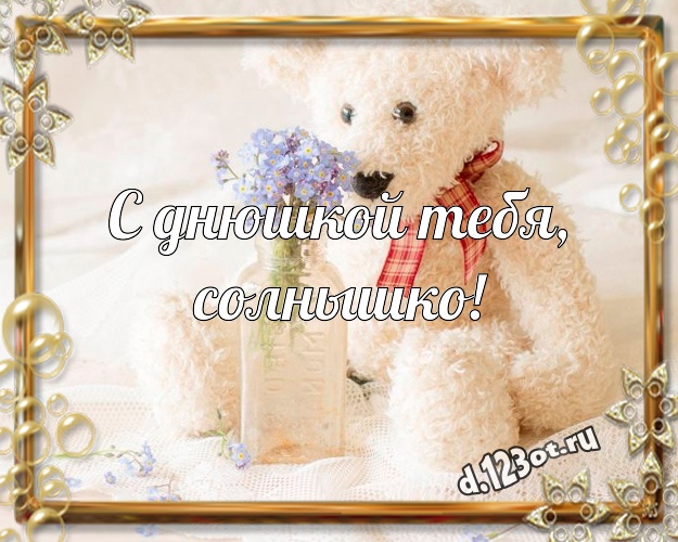С днюшкой Тебя, солнышко! Милая открытка для любимой девушки с плюшевой игрушкой медведя для ватсапа, для телеграм, для vk, для фейсбук, для одноклассники! Скачать онлайн бесплатно для вацап!