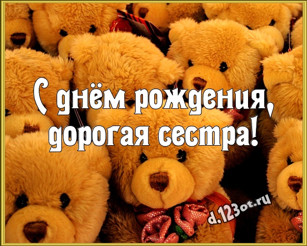 С днём рождения, дорогая сестра! Милашная открытка любимой сестре с плюшевой игрушкой медведя для whatsApp, для телеграм, для вк, для facebook, для одноклассников! Скачать онлайн бесплатно для вацап!