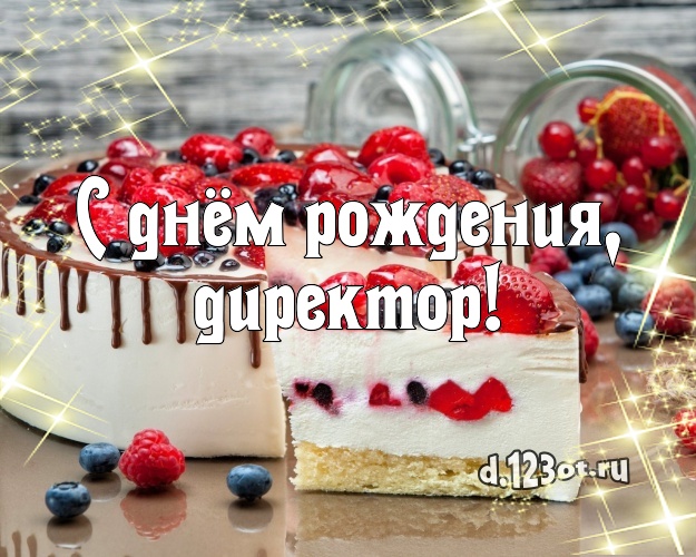 С днём рождения, директор! Сладкая картинка лучшему начальнику с вкусным фруктово-ягодным тортом для ватсапа, для телеграм, для вконтакте, для facebook, для одноклассники! Скачать онлайн бесплатно для вацап!