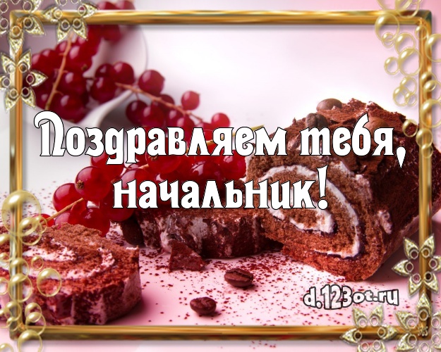 Поздравляем Тебя, начальник! Сладкая открытка боссу с фруктово-шоколадным тортом для whatsApp, для телеграм, для vk, для фейсбука, для одноклассники! Скачать онлайн бесплатно для вацап!