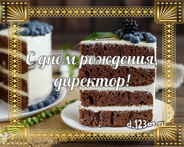 С днём рождения, директор! Ванильно-шоколадная открытка шефу с фруктово-шоколадным тортом для ватсапа, для телеграм, для vk, для фейсбук, для одноклассники! Скачать онлайн бесплатно для вацап!