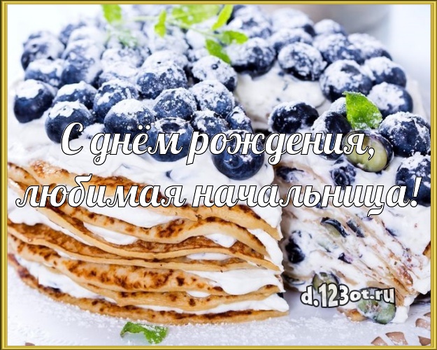 С днём рождения, любимая начальница! Красивая открытка для начальницы с шоколадным тортом для ватсапа, для телеграм, для вк, для фейсбук, для одноклассники! Скачать онлайн бесплатно для вацап!