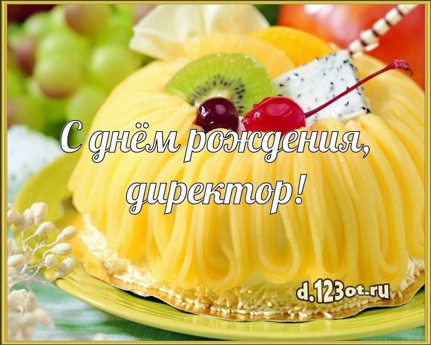 С днём рождения, директор! Красивая картинка директору мужчине с фруктово-шоколадным тортом для whatsApp, для телеграм, для vk, для фейсбука, для одноклассников! Скачать онлайн бесплатно для вацап!