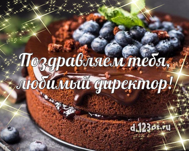 Поздравляем Тебя, любимый директор! Ванильно-шоколадная картинка дорогой начальнице с тортиком и ягодами для whatsApp, для телеграм, для вконтакте, для фейсбука, для одноклассники! Скачать онлайн бесплатно для вацап!