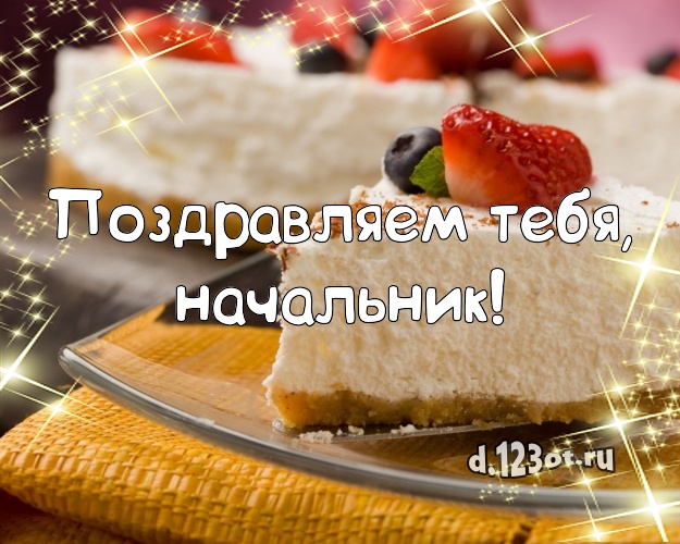 Поздравляем Тебя, начальник! Сладкая открытка классному начальнику с фруктово-шоколадным тортом для ватсапа, для телеграм, для вконтакте, для фейсбука, для одноклассники! Скачать онлайн бесплатно для вацап!
